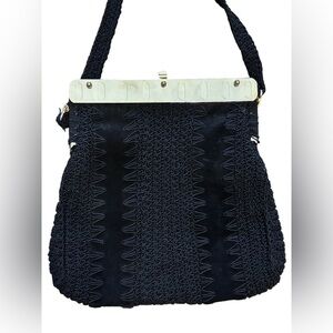 Vintage Italian Woven Knit Handbag – Black – Structured Top Handle - 1960s
